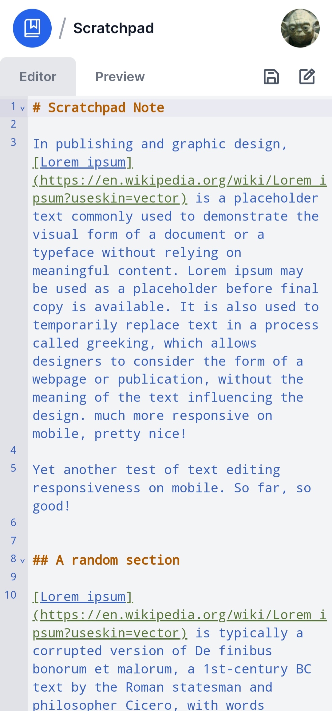A preview of the text editor panel in LuccaNotes (mobile)